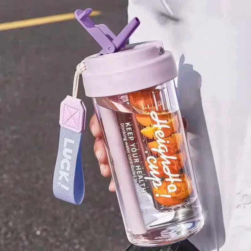 600ML Water Cup Handy Sports Water Bottle Food Grade Material Tea Partition Water Cup Female Straw Summer Portable Bottle