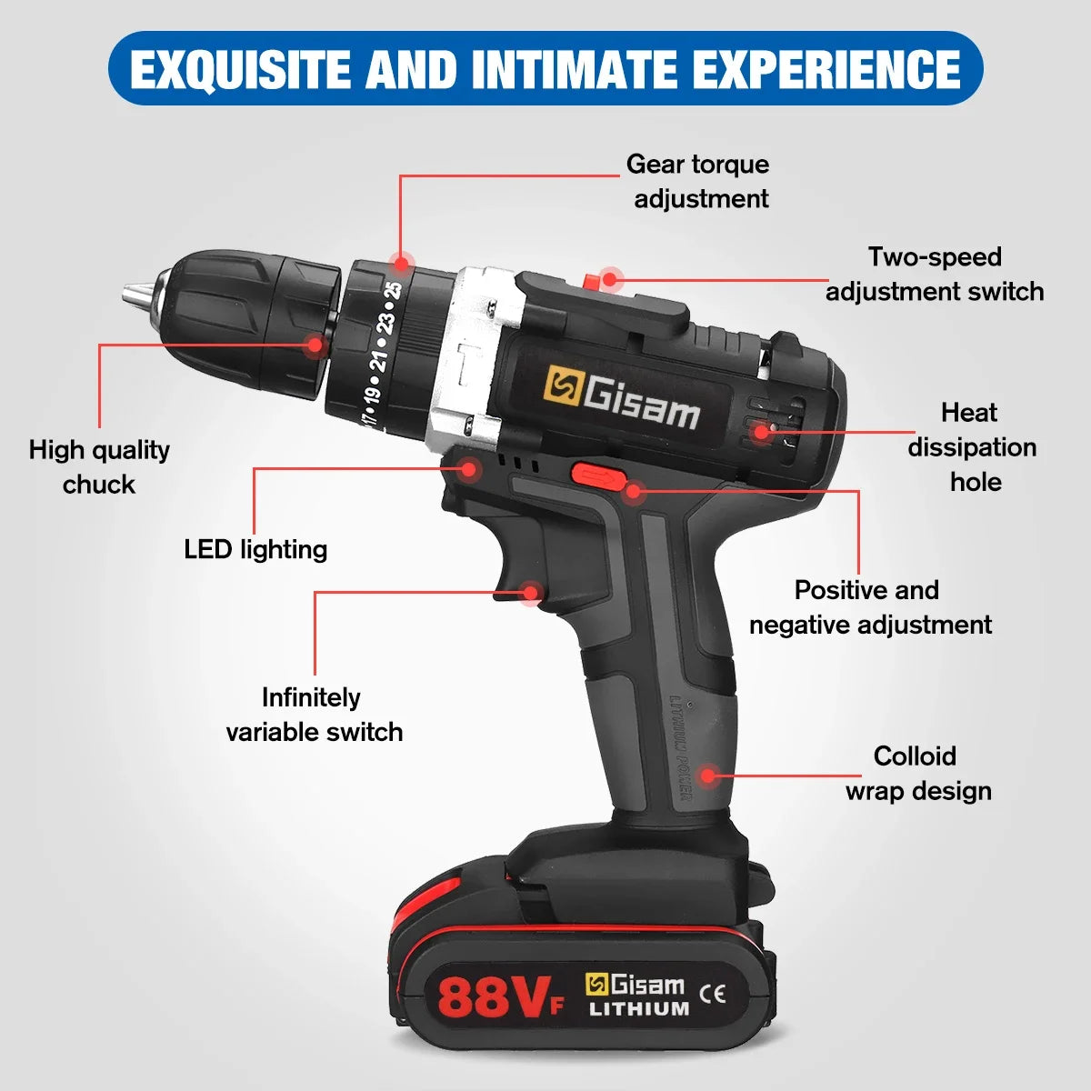 25+3 Torque Portable Cordless Power Drill Set Impact Screw Driver Electric Screwdriver with Rechargeable Battery Power Tool