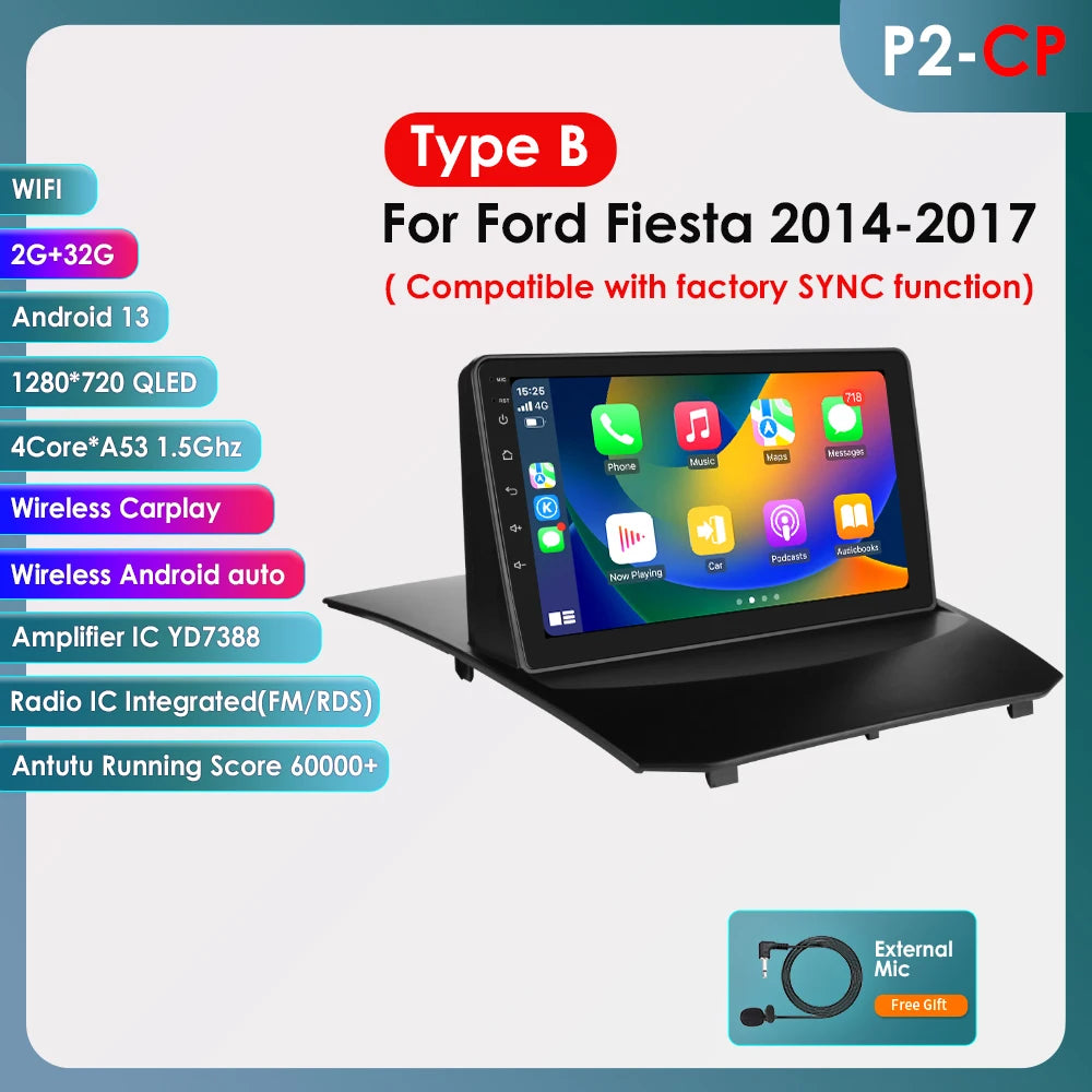 Hizpo 9inch Android13 Car Radio for Ford Fiesta 2009 - 2017 Sync Multimedia DSP RDS CarPlay 4G BT GPS Navigation UI7862 Headunit