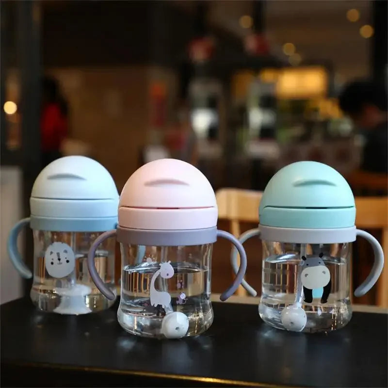 Cartoon Pattern Outdoor Child Drinking Bottle with Straw Baby Feeding Cup Training Portable Handle Water Bottle Watercup