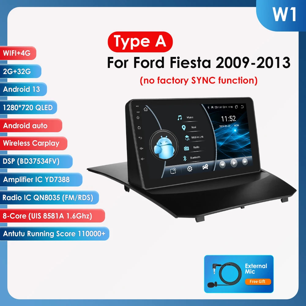 Hizpo 9inch Android13 Car Radio for Ford Fiesta 2009 - 2017 Sync Multimedia DSP RDS CarPlay 4G BT GPS Navigation UI7862 Headunit