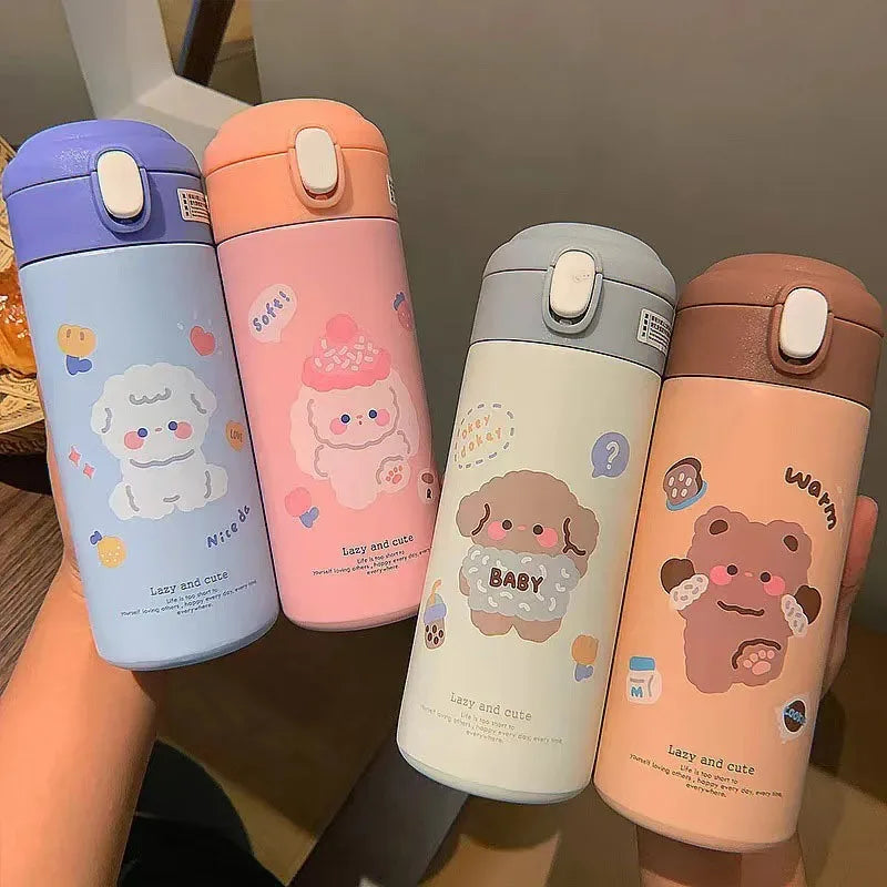 380ML Stainless Steel Thermos Vacuum Flask Cute Cartoon Thermal Bouncing Water Bottle Insulated Straw Cups Tumbler Drinkware