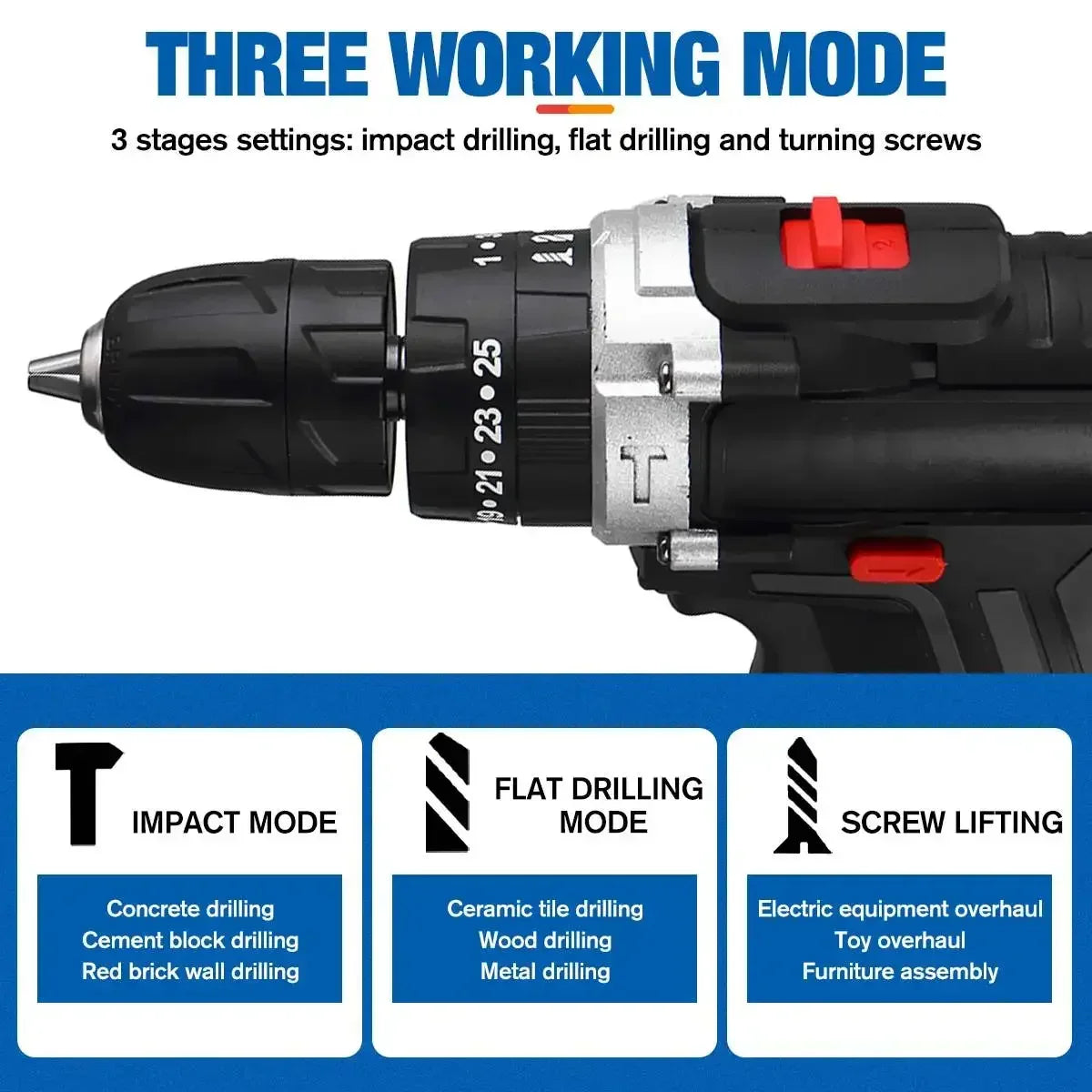 25+3 Torque Portable Cordless Power Drill Set Impact Screw Driver Electric Screwdriver with Rechargeable Battery Power Tool