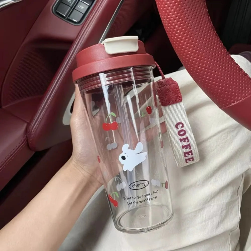 Cute Cartoon Water Cup Double Drinking Water Bottle 550ml Leak-proof Large Capacity Plastic Cups Carrying Rope Coffee Cup