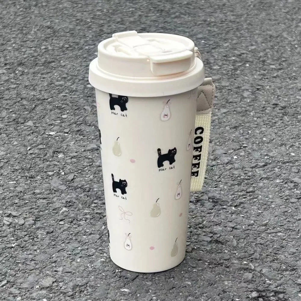 Cute Cartoon Water Cup Double Drinking Water Bottle 550ml Leak-proof Large Capacity Plastic Cups Carrying Rope Coffee Cup