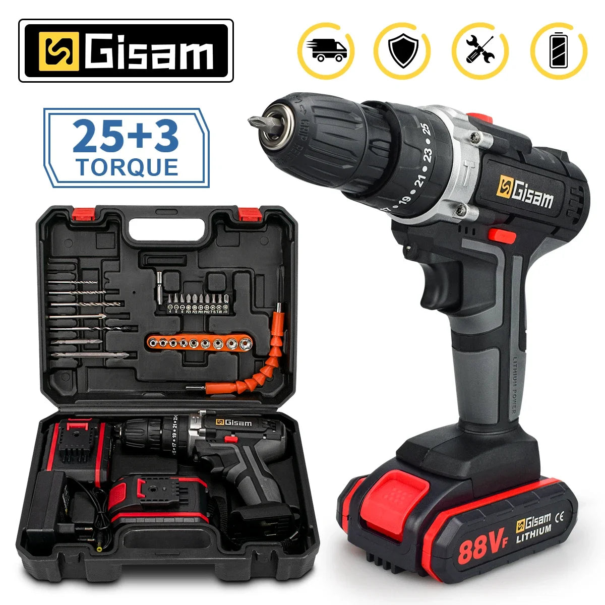 25+3 Torque Portable Cordless Power Drill Set Impact Screw Driver Electric Screwdriver with Rechargeable Battery Power Tool