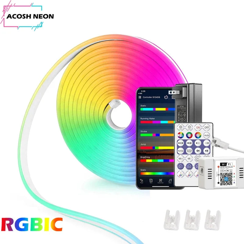 DC12-24V LED Strip Light Wifi RGBIC 10M/32.6ft Atmosphere Light Dreamcolor Addressable Neon Light Lamp Work with Alexa for Home