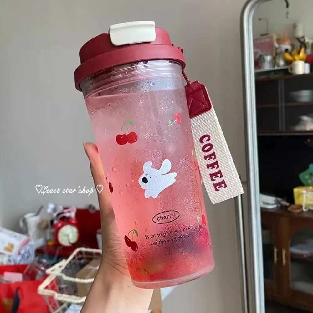Cute Cartoon Water Cup Double Drinking Water Bottle 550ml Leak-proof Large Capacity Plastic Cups Carrying Rope Coffee Cup
