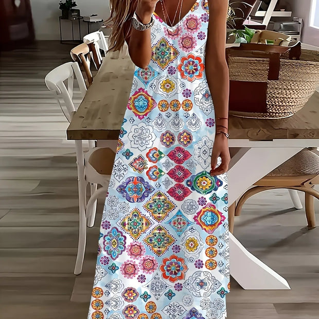 Summer New Fresh Flower Print V Neck Women's Long Skirt Women's Loose A-Line Dress Beach Resort Style Sexy Women's Long Skirt
