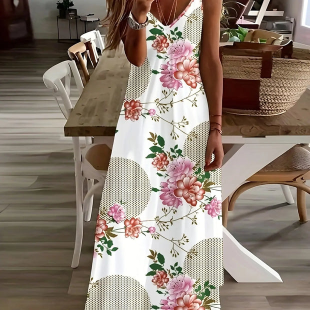 Summer New Fresh Flower Print V Neck Women's Long Skirt Women's Loose A-Line Dress Beach Resort Style Sexy Women's Long Skirt