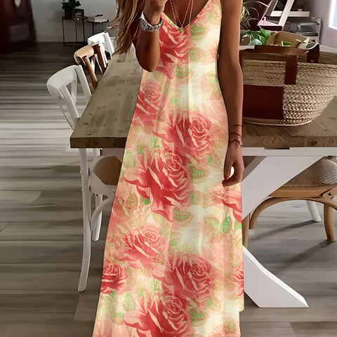 Summer New Fresh Flower Print V Neck Women's Long Skirt Women's Loose A-Line Dress Beach Resort Style Sexy Women's Long Skirt