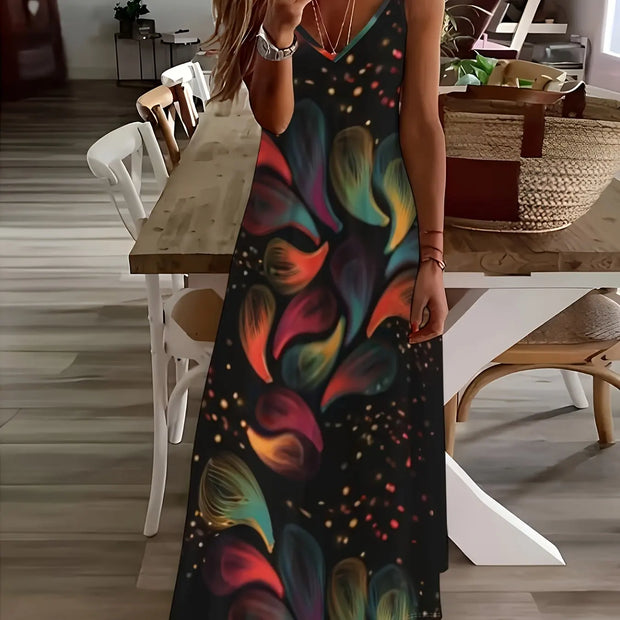Summer New Fresh Flower Print V Neck Women's Long Skirt Women's Loose A-Line Dress Beach Resort Style Sexy Women's Long Skirt