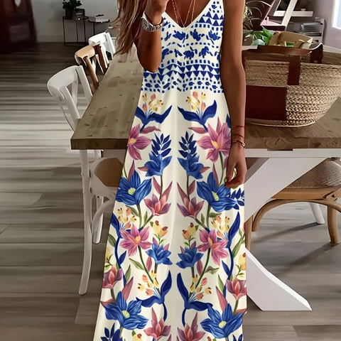 Summer New Fresh Flower Print V Neck Women's Long Skirt Women's Loose A-Line Dress Beach Resort Style Sexy Women's Long Skirt