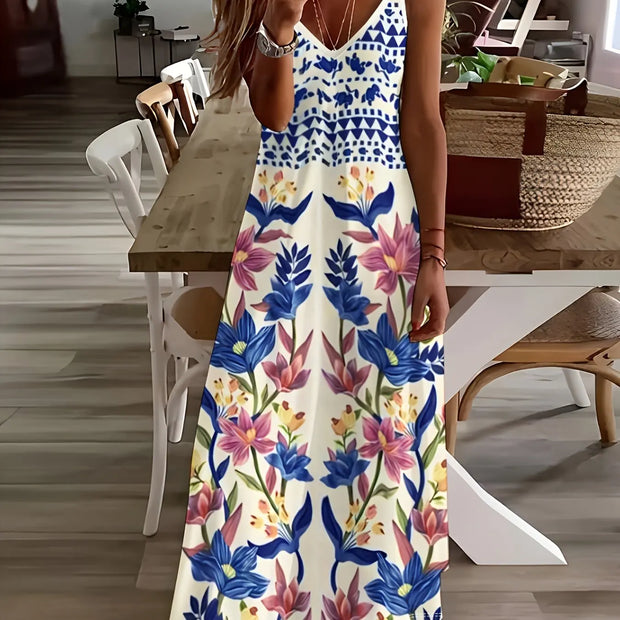 Summer New Fresh Flower Print V Neck Women's Long Skirt Women's Loose A-Line Dress Beach Resort Style Sexy Women's Long Skirt