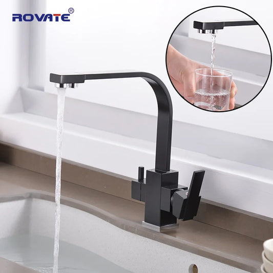 ROVATE Black Filtered Kitchen Faucet 3 Way Drinking Kitchen Water Filter Tap Cold and Hot Sink faucet