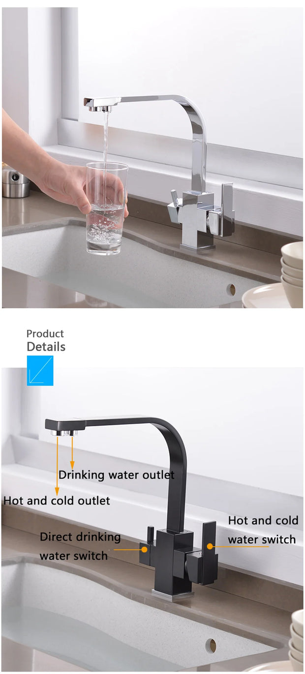 ROVATE Black Filtered Kitchen Faucet 3 Way Drinking Kitchen Water Filter Tap Cold and Hot Sink faucet