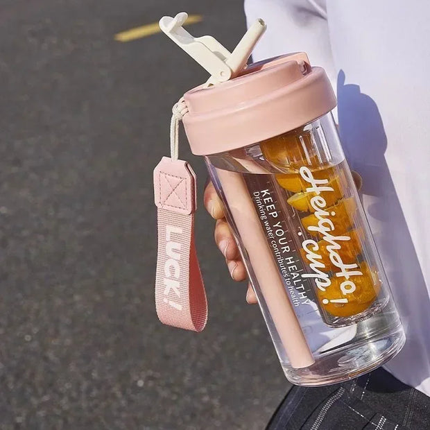 600ML Water Cup Handy Sports Water Bottle Food Grade Material Tea Partition Water Cup Female Straw Summer Portable Bottle