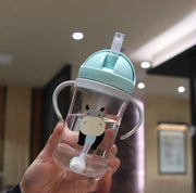 Cartoon Pattern Outdoor Child Drinking Bottle with Straw Baby Feeding Cup Training Portable Handle Water Bottle Watercup