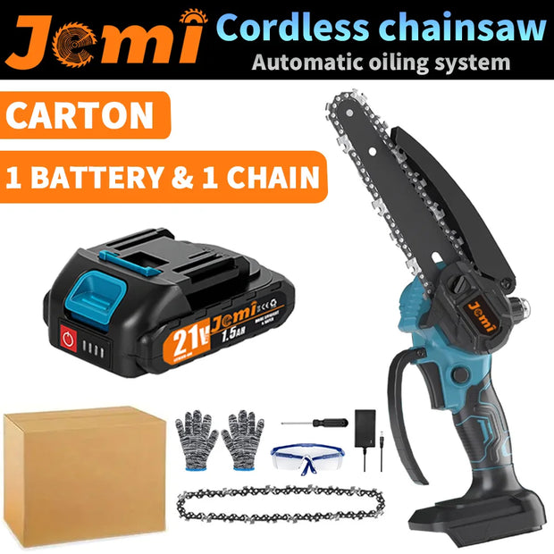 Jemi Tool 6 inch portable cordless rechargeable electric chain saw with two batteries, wood cutter, garden orchard pruning tool