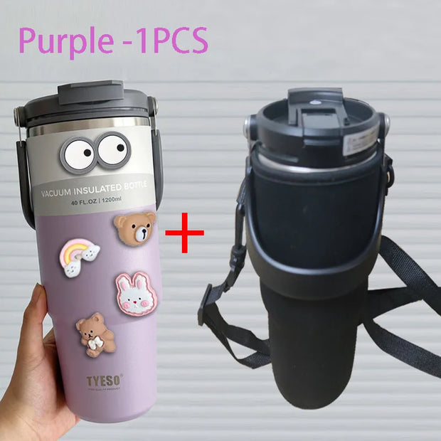 TYESO 600/750/900/1050/1200ML Car Water Bottle Stainless Steel Thermos Bottle with Straw Keeps Cold and Heat Thermal Coffee Mug