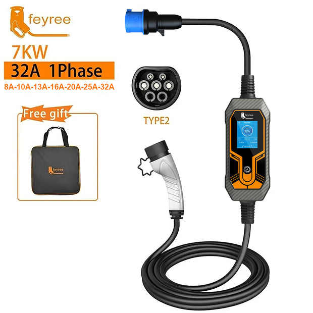 feyree EV Charger Type2 7KW 32A EVSE Portable Charging Box CEE Male Plug Type1 GB/T Cord 5M Charging Cable for Electric Vehicle