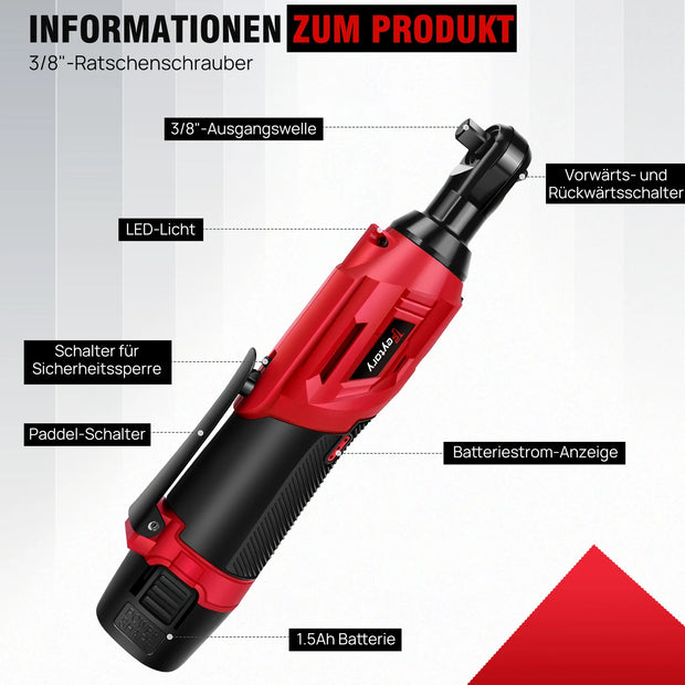 12V High-Torque 90°Cordless Electric Ratchet Wrench Set 3/8'' Angle Wrench with 2Durable 1500mAh Lithium-Ion Batteries,7 Sockets