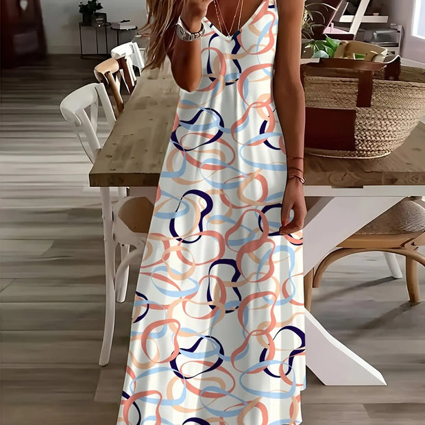 Summer New Fresh Flower Print V Neck Women's Long Skirt Women's Loose A-Line Dress Beach Resort Style Sexy Women's Long Skirt