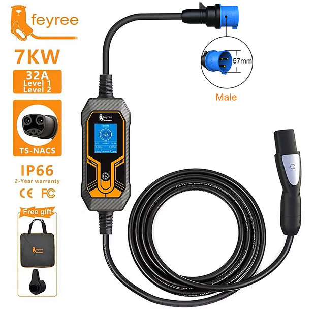 feyree EV Charger Type2 7KW 32A EVSE Portable Charging Box CEE Male Plug Type1 GB/T Cord 5M Charging Cable for Electric Vehicle