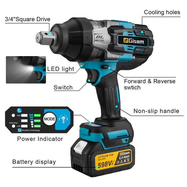 Gisam 3100N.M High Torque Brushless Electric Impact Wrench 3/4 inch Cordless Electric Wrench Tools For Makita 18V Battery Pin