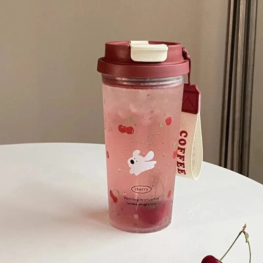 Cute Cartoon Water Cup Double Drinking Water Bottle 550ml Leak-proof Large Capacity Plastic Cups Carrying Rope Coffee Cup
