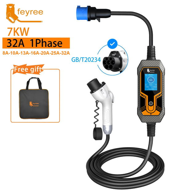 feyree EV Charger Type2 7KW 32A EVSE Portable Charging Box CEE Male Plug Type1 GB/T Cord 5M Charging Cable for Electric Vehicle