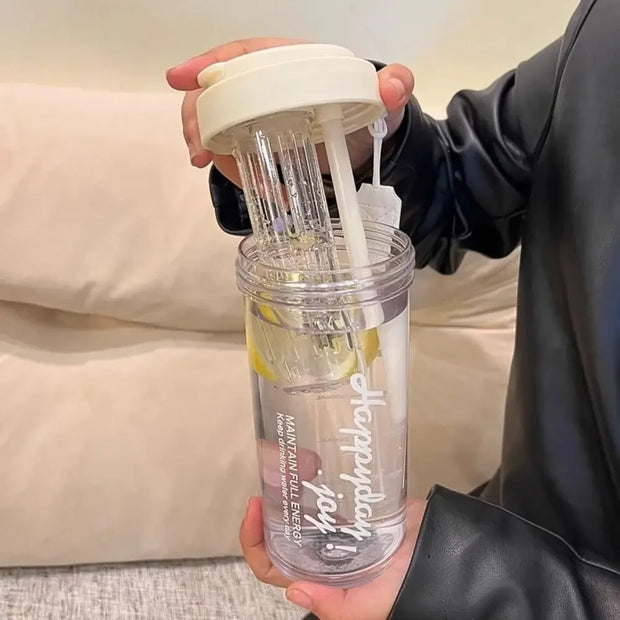 Portable Plastic Large Capacity Fruit Drink Bottles 600ml Water Bottle Transparent Folding Straw Water Bottle SummerWater Bottle