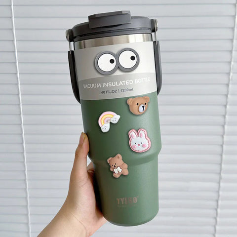 TYESO 600/750/900/1050/1200ML Car Water Bottle Stainless Steel Thermos Bottle with Straw Keeps Cold and Heat Thermal Coffee Mug