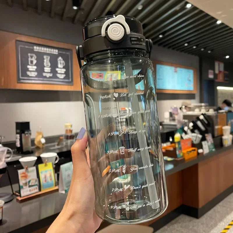 1.5/2Liter Sport Straw Water Bottle with Time Scale Plastic Summer Cold Juice Water Cup Large Capacity Portable Travel Bottles