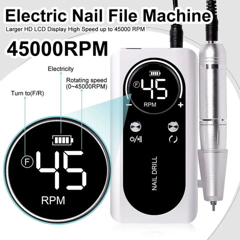 NEW Professional 45000RPM Electric Portable Nail Drill Machine Rechargeable Low Noise Nail Sander File for Manicure Salon Tool