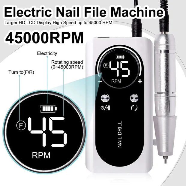 NEW Professional 45000RPM Electric Portable Nail Drill Machine Rechargeable Low Noise Nail Sander File for Manicure Salon Tool