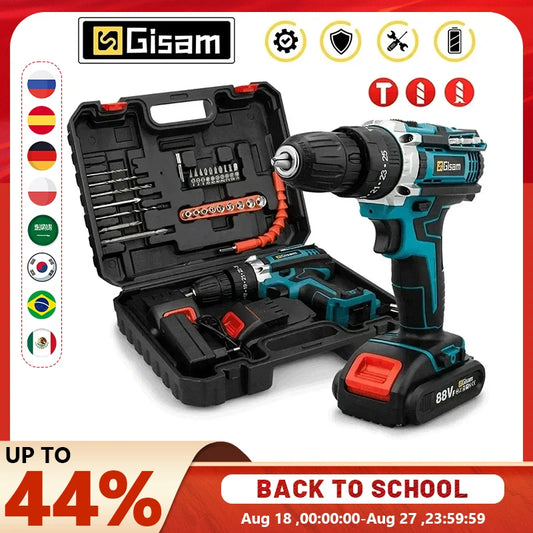 Gisam Battery Impact Screwdriver Multifunctional Cordless Drill Power Tool 25+3 Torque Setting 2 Gear Speed Electric Screwdriver
