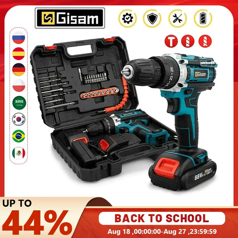 Gisam Battery Impact Screwdriver Multifunctional Cordless Drill Power Tool 25+3 Torque Setting 2 Gear Speed Electric Screwdriver