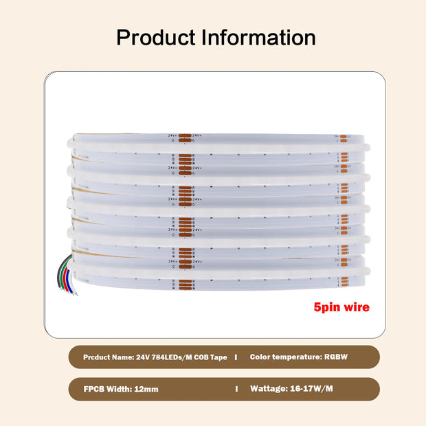 RGB RGBW RGBWW RGBCCT COB LED Strip Light DC12V 24V 840 784 720 576 LEDs/M Flex FCOB LED Tape Light Dimmable Linear Ribbon Tape
