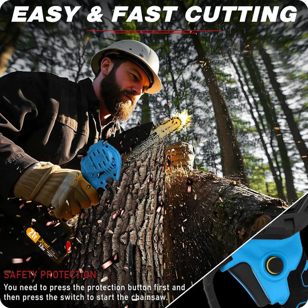 Jemi Tool 6 inch portable cordless rechargeable electric chain saw with two batteries, wood cutter, garden orchard pruning tool