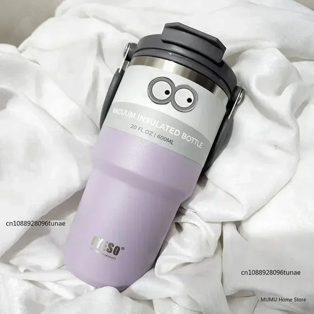 TYESO 600/750/900/1050/1200ML Car Water Bottle Stainless Steel Thermos Bottle with Straw Keeps Cold and Heat Thermal Coffee Mug