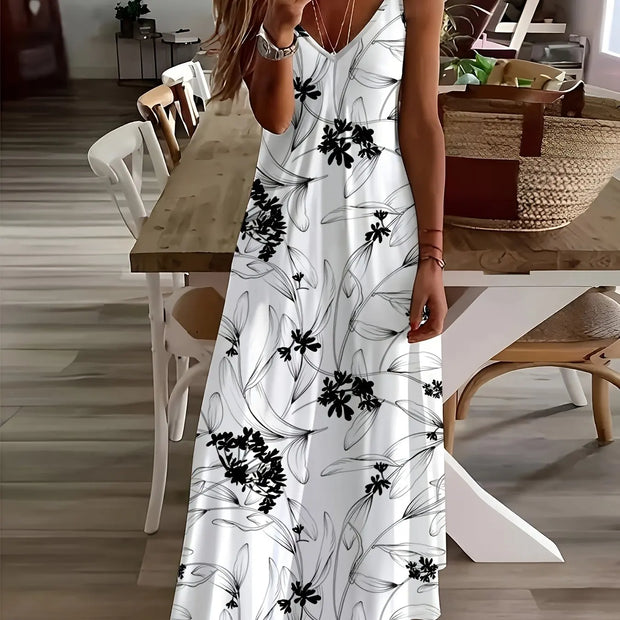 Summer New Fresh Flower Print V Neck Women's Long Skirt Women's Loose A-Line Dress Beach Resort Style Sexy Women's Long Skirt