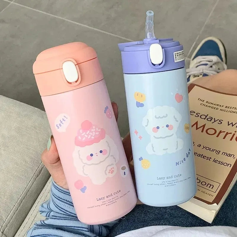 380ML Stainless Steel Thermos Vacuum Flask Cute Cartoon Thermal Bouncing Water Bottle Insulated Straw Cups Tumbler Drinkware