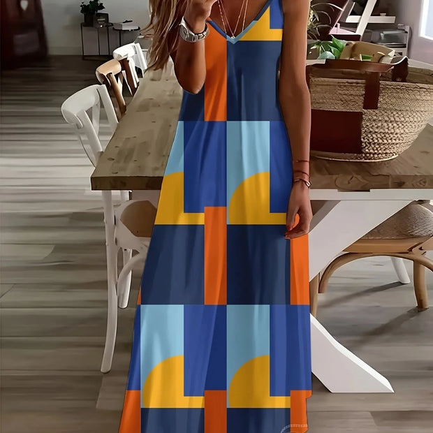 Summer New Fresh Flower Print V Neck Women's Long Skirt Women's Loose A-Line Dress Beach Resort Style Sexy Women's Long Skirt