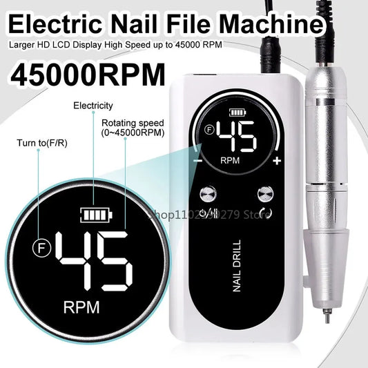 NEW Professional 45000RPM Electric Portable Nail Drill Machine Rechargeable Low Noise Nail Sander File for Manicure Salon Tool