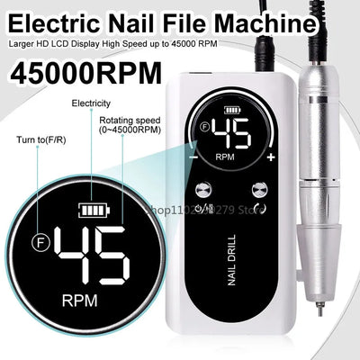 NEW Professional 45000RPM Electric Portable Nail Drill Machine Rechargeable Low Noise Nail Sander File for Manicure Salon Tool
