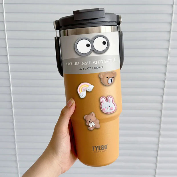 TYESO 600/750/900/1050/1200ML Car Water Bottle Stainless Steel Thermos Bottle with Straw Keeps Cold and Heat Thermal Coffee Mug
