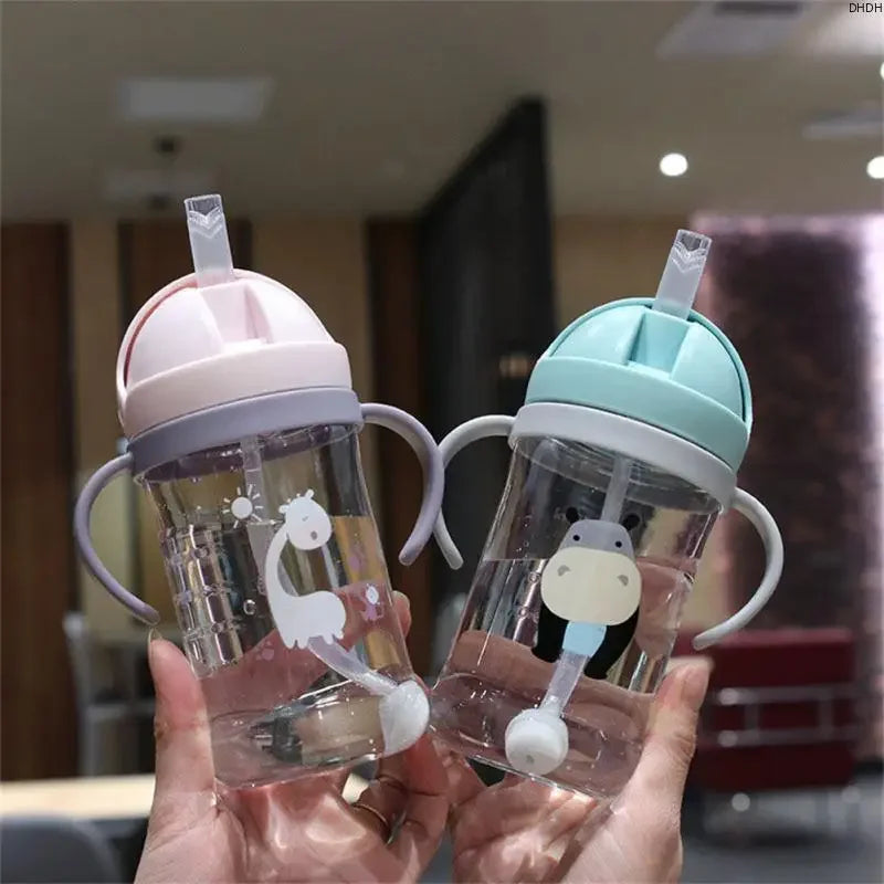 Cartoon Pattern Outdoor Child Drinking Bottle with Straw Baby Feeding Cup Training Portable Handle Water Bottle Watercup