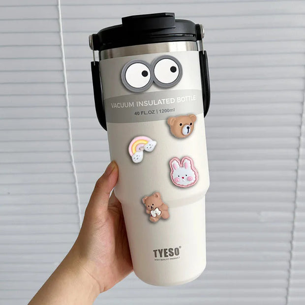TYESO 600/750/900/1050/1200ML Car Water Bottle Stainless Steel Thermos Bottle with Straw Keeps Cold and Heat Thermal Coffee Mug