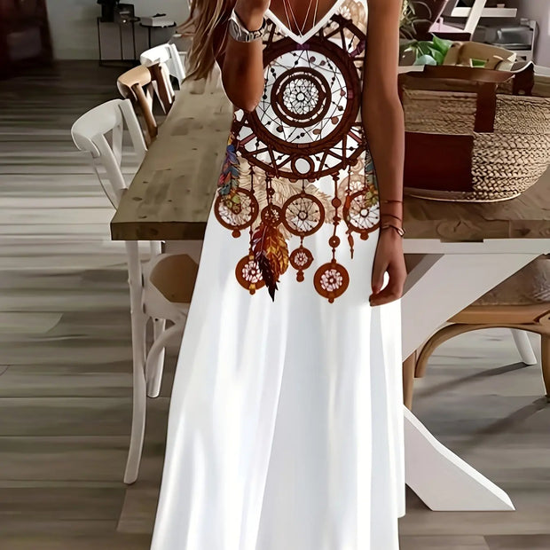 Summer New Fresh Flower Print V Neck Women's Long Skirt Women's Loose A-Line Dress Beach Resort Style Sexy Women's Long Skirt